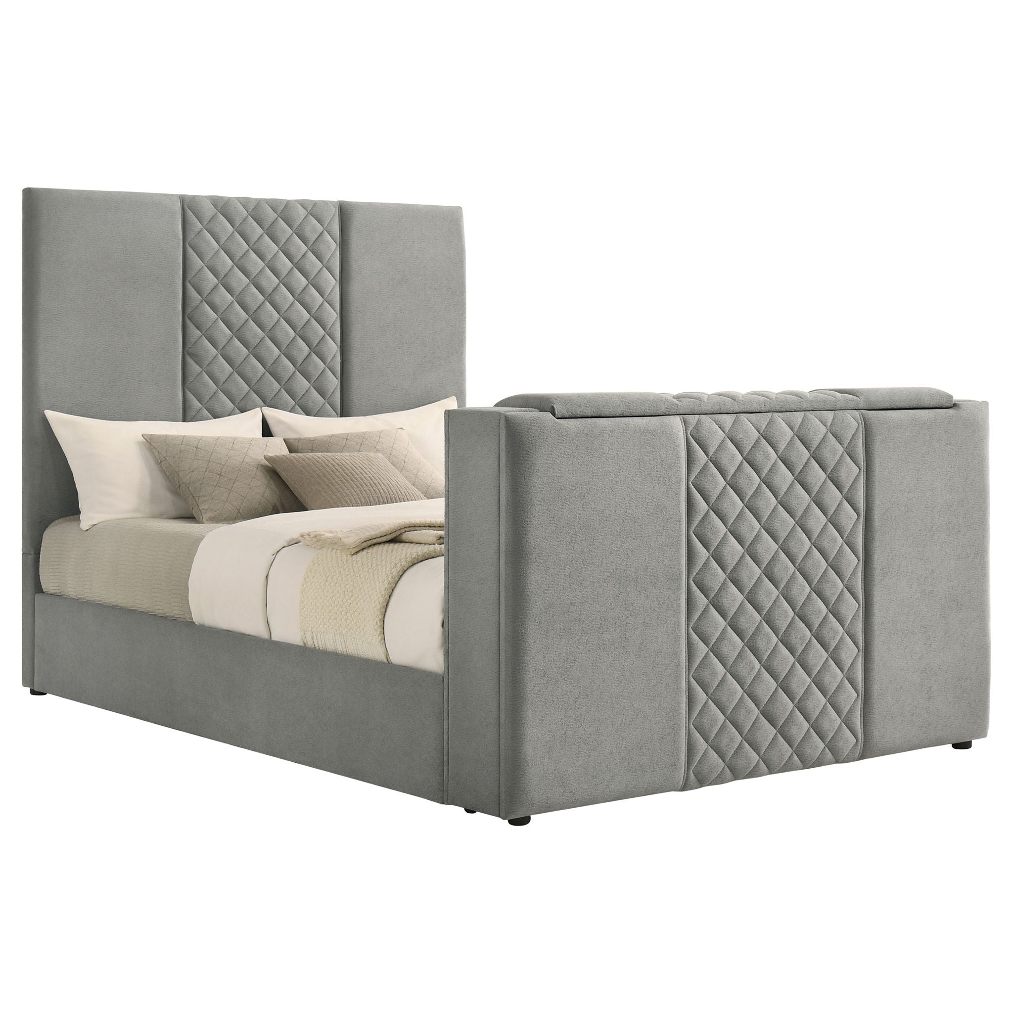 Tara 61-inch Upholstered Queen Panel TV Bed Grey
