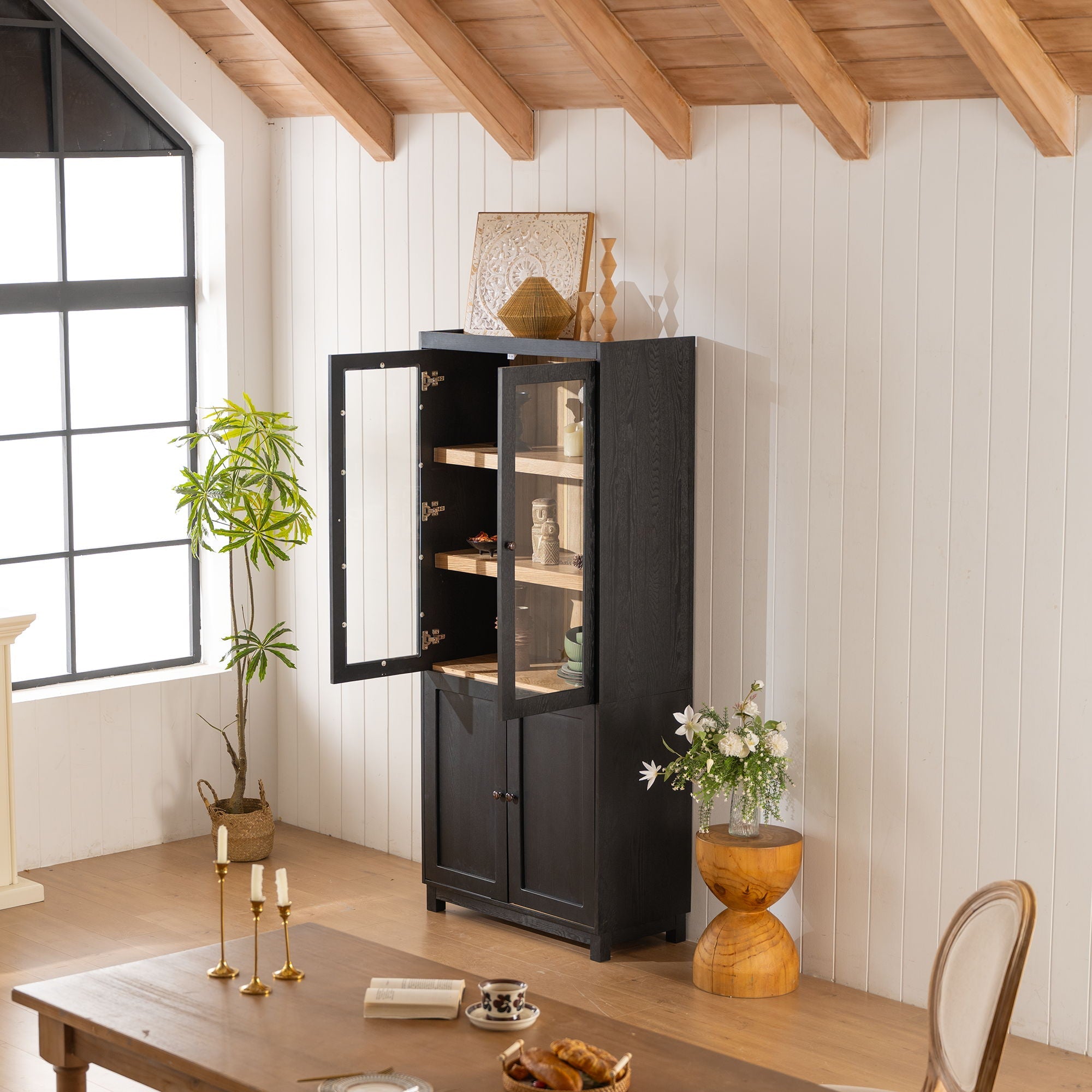 Style Tall Display Cabinet With Glass Doors For Collectibles - Black