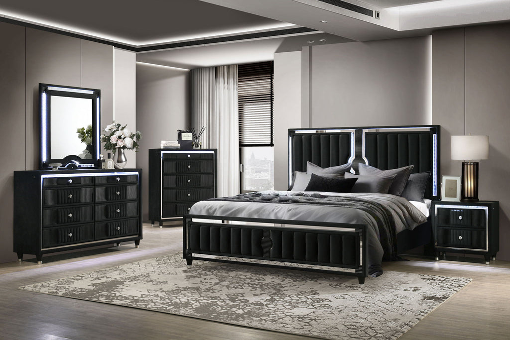 Ravenne 5-piece Velvet Upholstered California King LED Bedroom Set Black