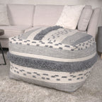 Karim - Faux Yarn Large Pouf, Durable - Ivory / Gray