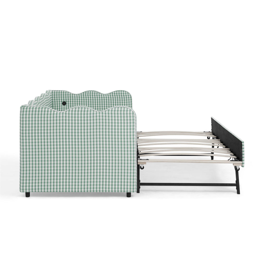 Gingham Daybed With USB Charging Port, Wave Shaped Design