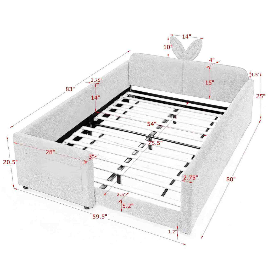 Cute Rabbit Ear Upholstered Platform Bed Frame With Safety Rail