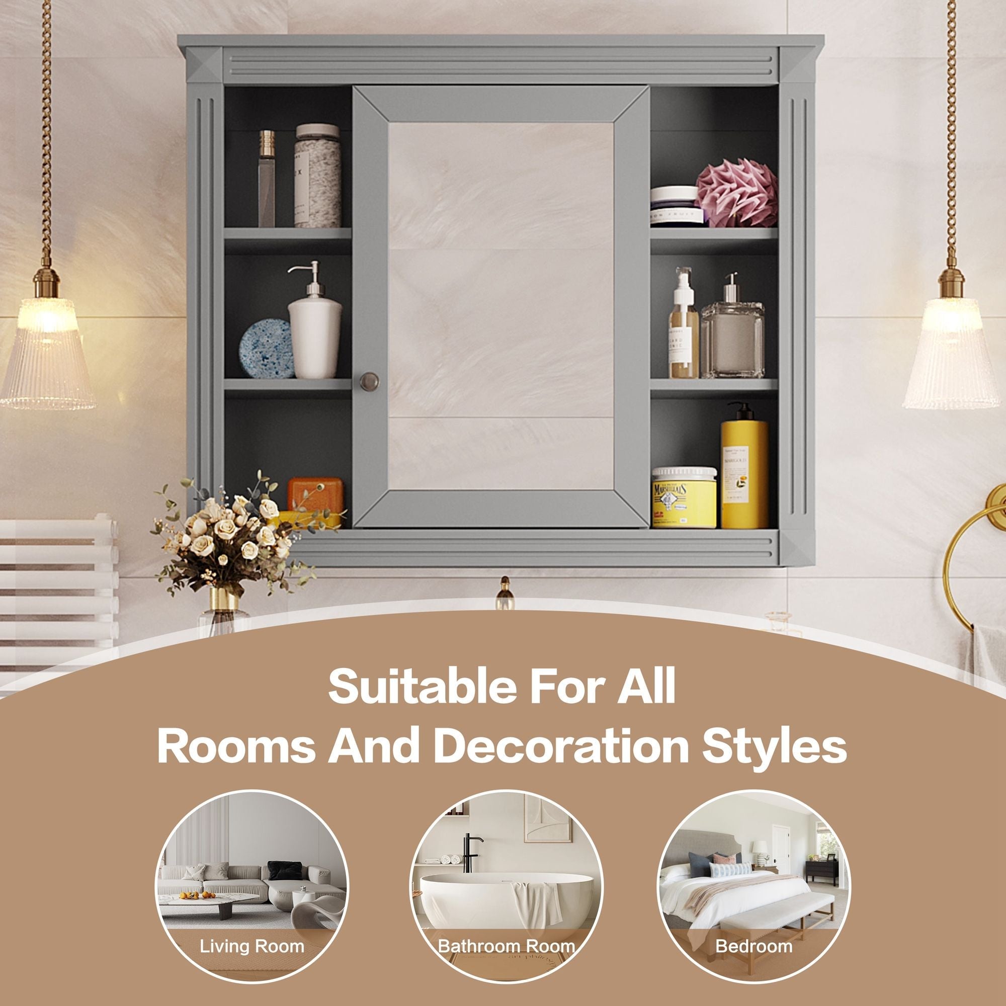 Wall Mounted Bathroom Storage Cabinet With Mirror, Cabinet With 6 Open Shelves And Adjustable Interior