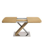 Retractable Square Dining Table, Seating 4 - 6 People, Cross Base With Stainless Steel Tubing, Expandable - Natural