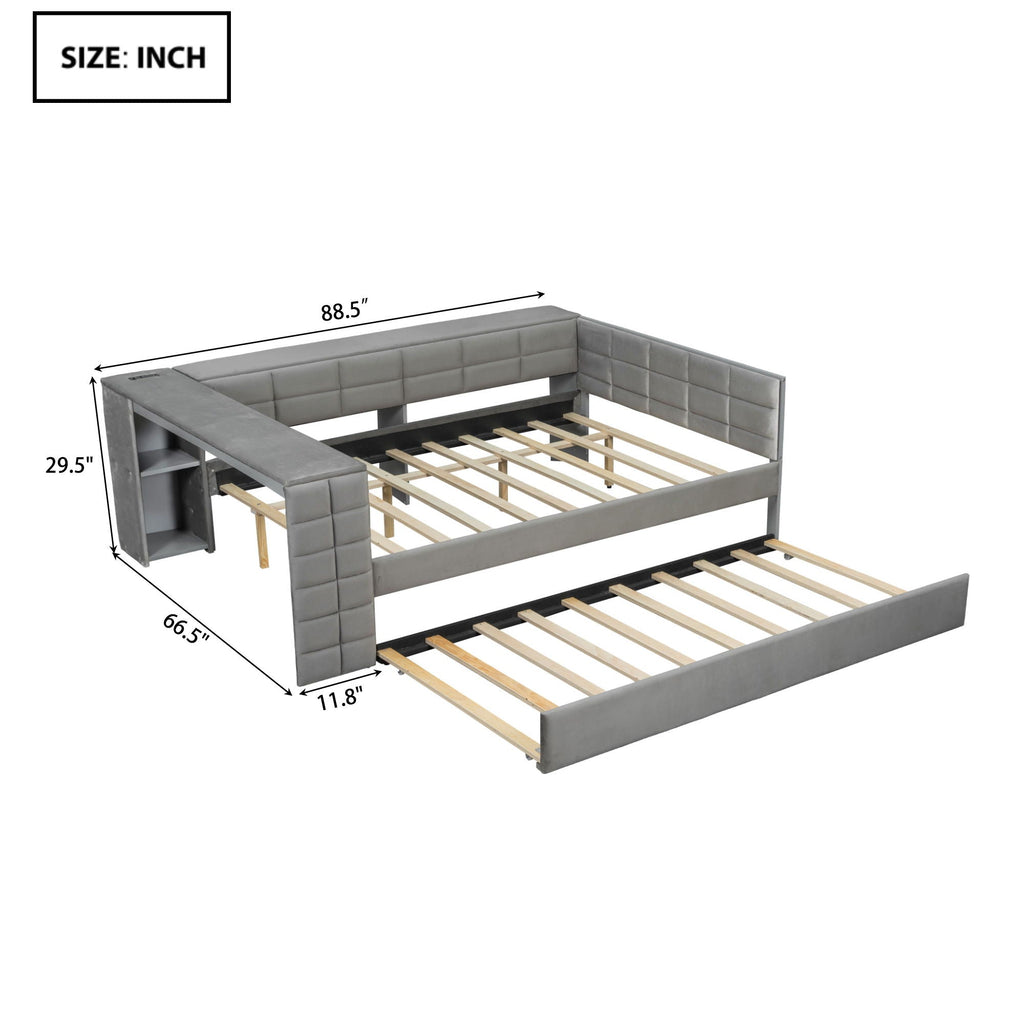 Upholstered Platform Bed With Storage Shelves, Desk, Charging Station And Trundle