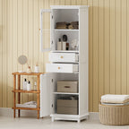 Tall Bathroom Storage Cabinet With Glass Doors, Free-Standing, Two Drawers, And Adjustable Shelves, Board, Painted Perfect For Displaying Your Favorite Items