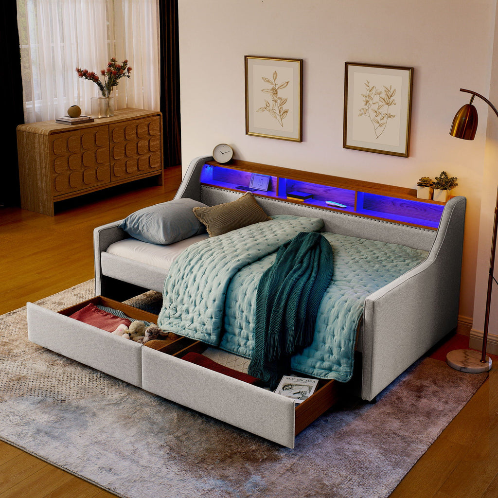 Twin Upholstered Sofa Bed With LED Lights, Storage Drawers, Adjustable Headboard & Wireless Charging - Beige