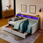 Twin Upholstered Sofa Bed With LED Lights, Storage Drawers, Adjustable Headboard & Wireless Charging - Beige