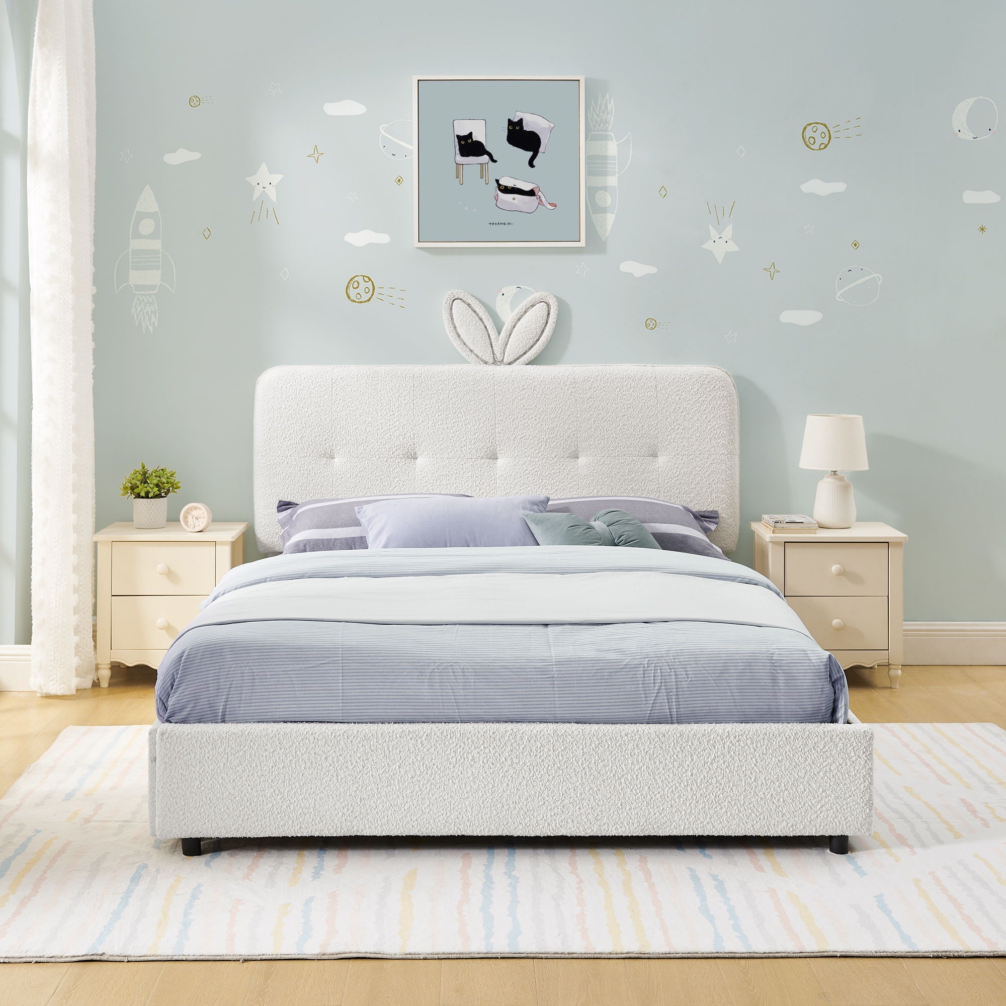 Upholstered Bed With Oversized Rabbit Ear Headboard, LED Lights & 4 Storage Drawers