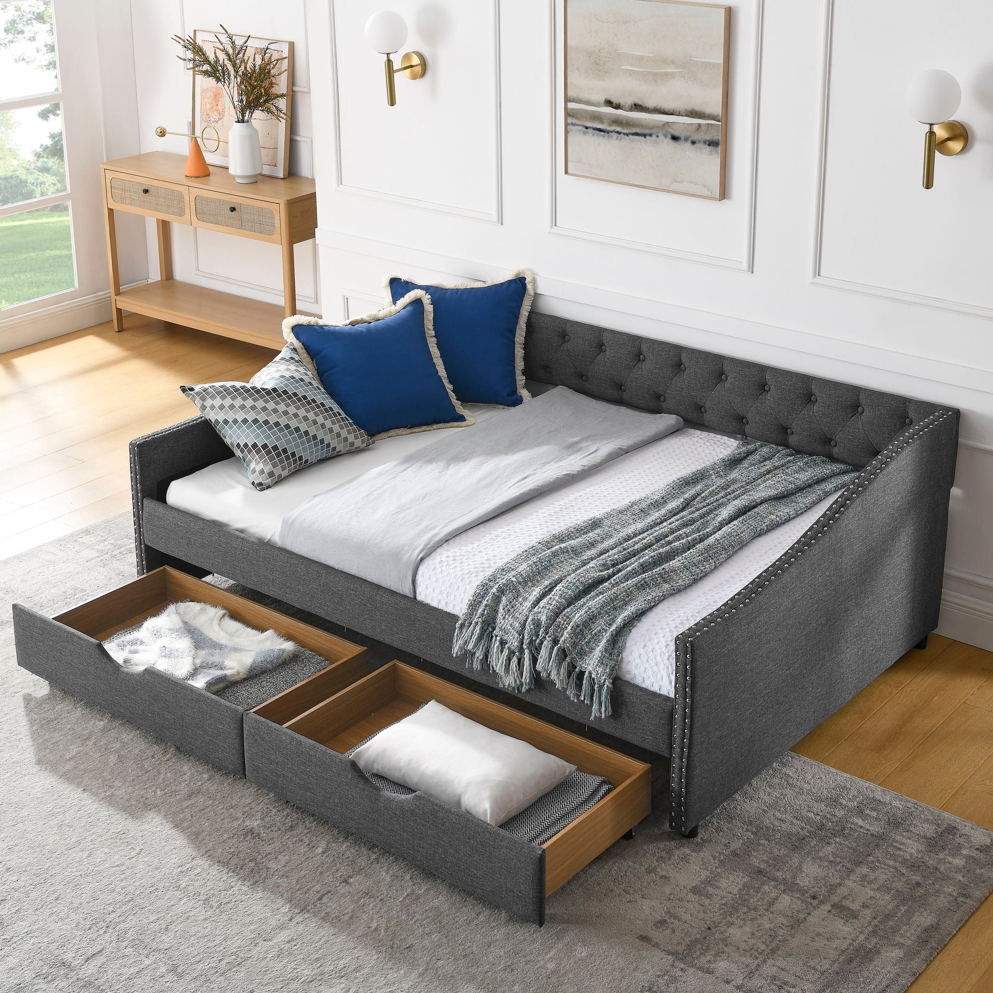 Upholstered Tufted Daybed With 2 Drawers, Waved Arms