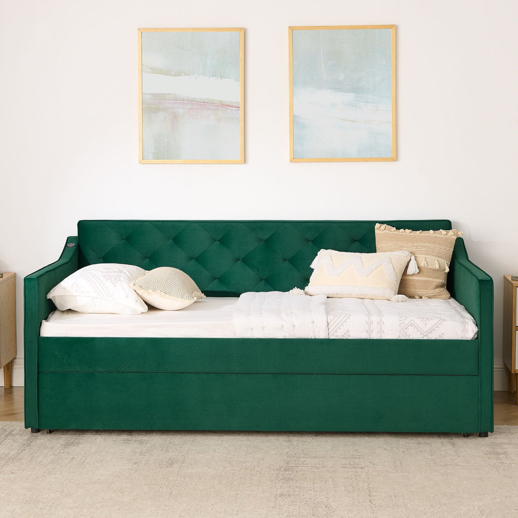Daybed With Pop Up Trundle And USB Charging Armrest