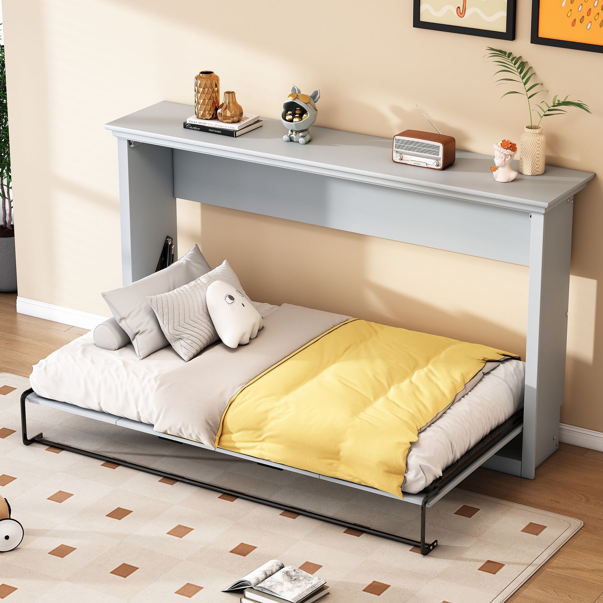 Twin Size Murphy Bed With Cabinet Storage - Gray