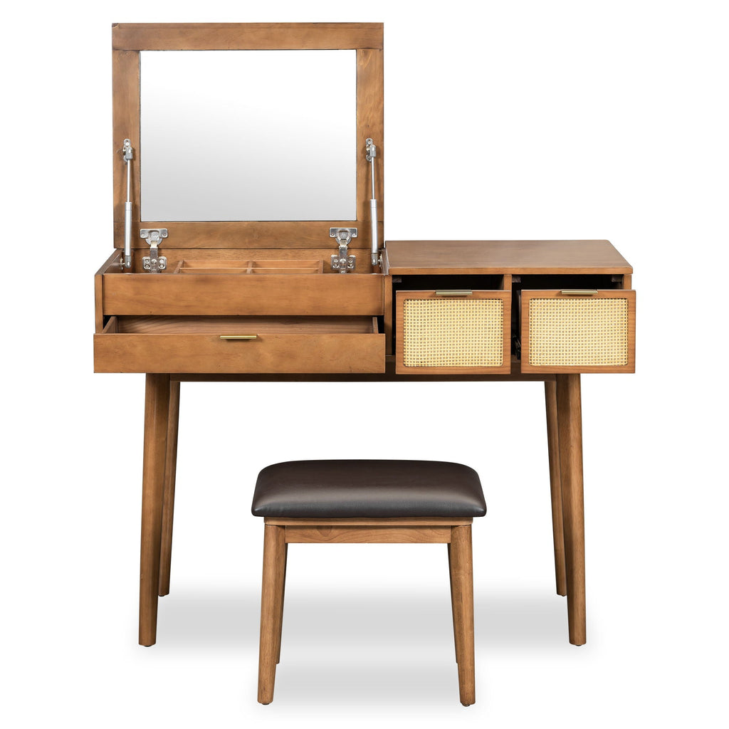 Classic Wood Makeup Vanity Set With Flip-Top Mirror And Stool, Dressing Table With Three Drawers And Storage Space