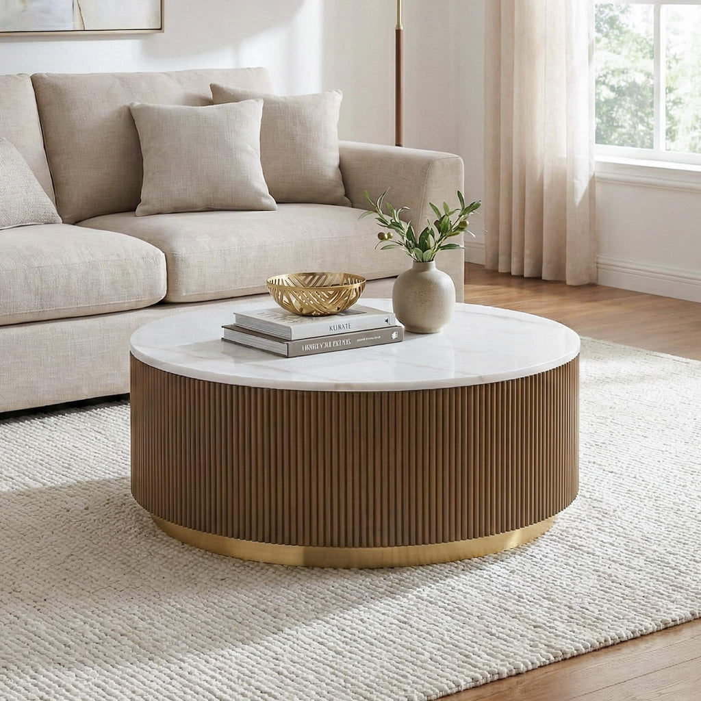 3 Piece Table Set Round Cocktail Table And 2 Round End Tables - Brown / Gold / White