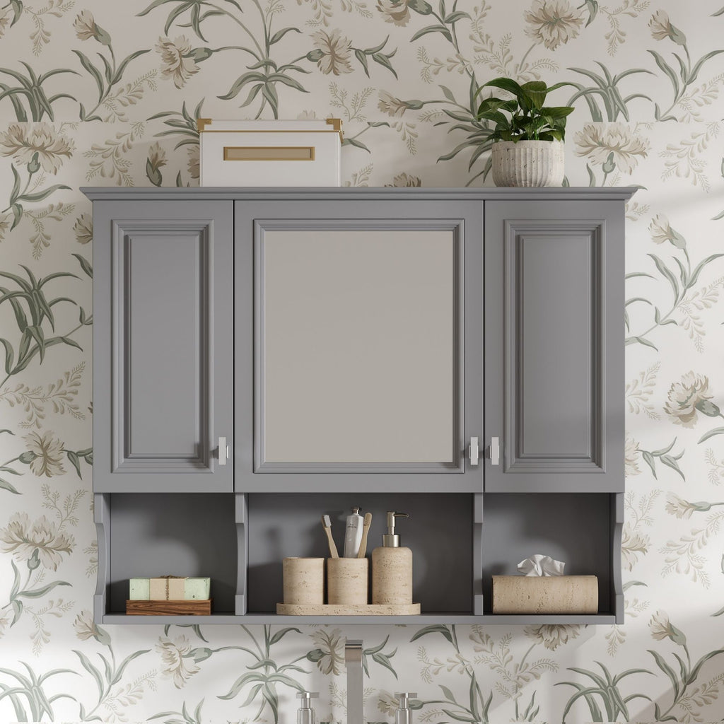 Wall Mounted Bathroom Medicine Wall Cabinet With Mirror & Open Shelves