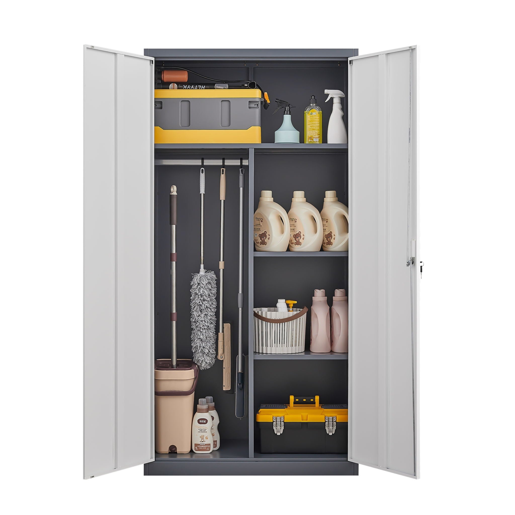 Wardrobe With Hanging Rod And Compartments, Lockable Closet With Locks & Keys For Bedroom - Gray