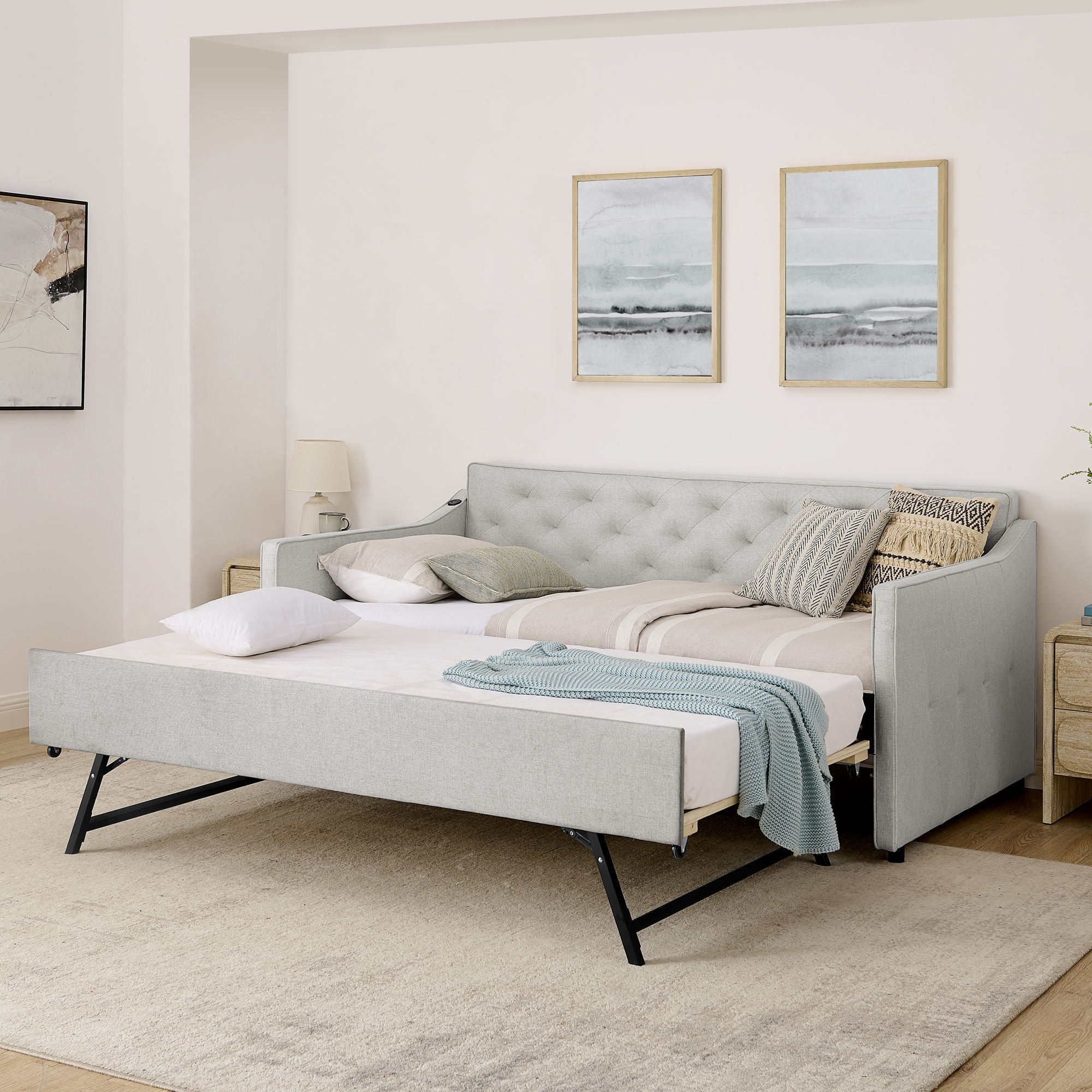Daybed With Pop Up Trundle And USB Charging Armrest