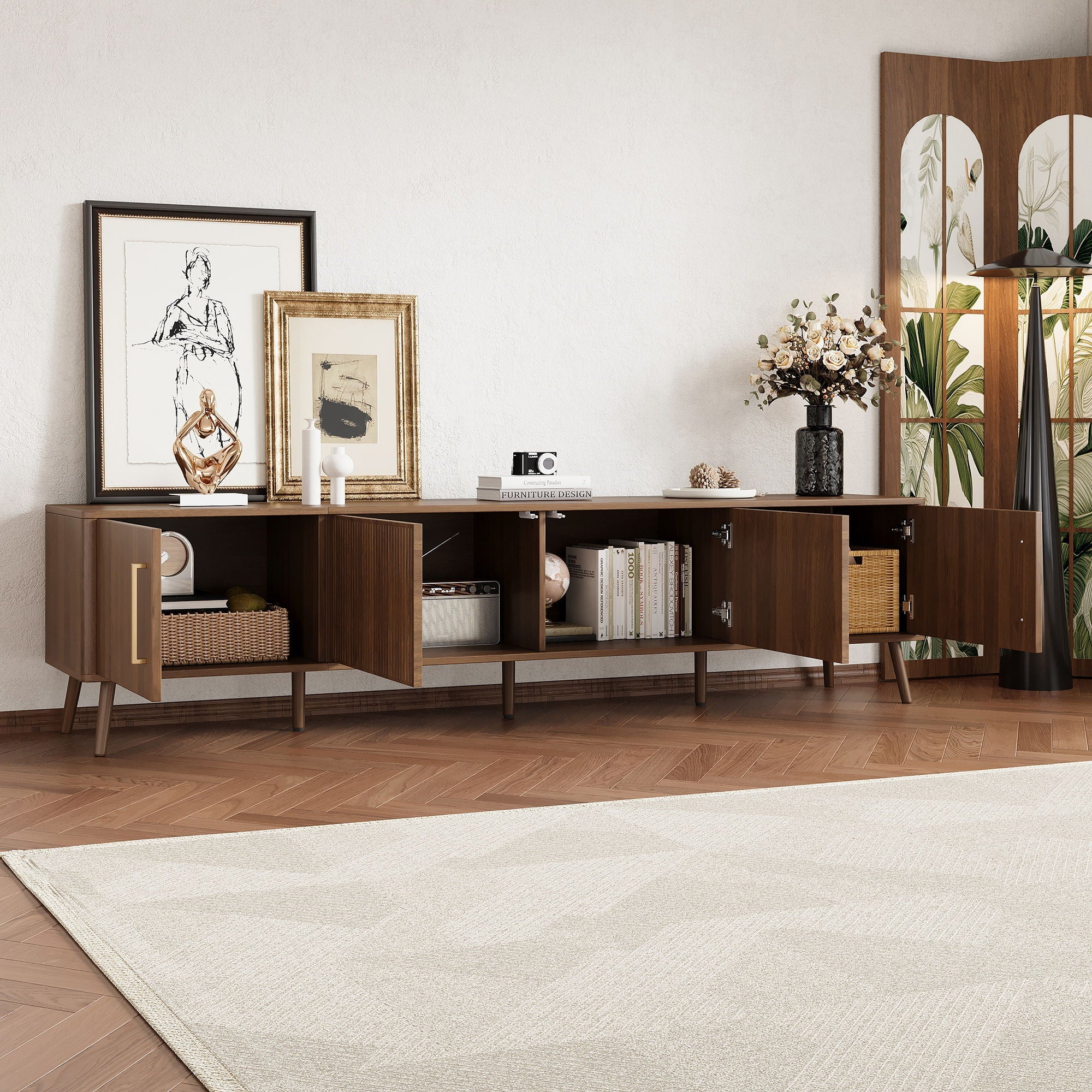 TV Stand For TVs Up To 85" With Fluted Door, Cable Management, Soft-Closing Hinges - Walnut