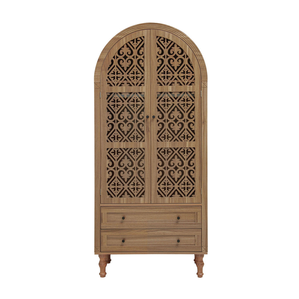 Tall Kitchen Pantry Cabinet With Hollow Carved Doors 2 Drawers And Adjustable Shelves Storage Display Cabinet For Kitchen Dining Room Or Living Room - Walnut