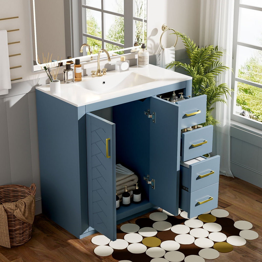 Bathroom Vanity With Sink, Storage Cabinet, Freestanding Set With 3 Drawers & Soft Closing Doors - Indigo