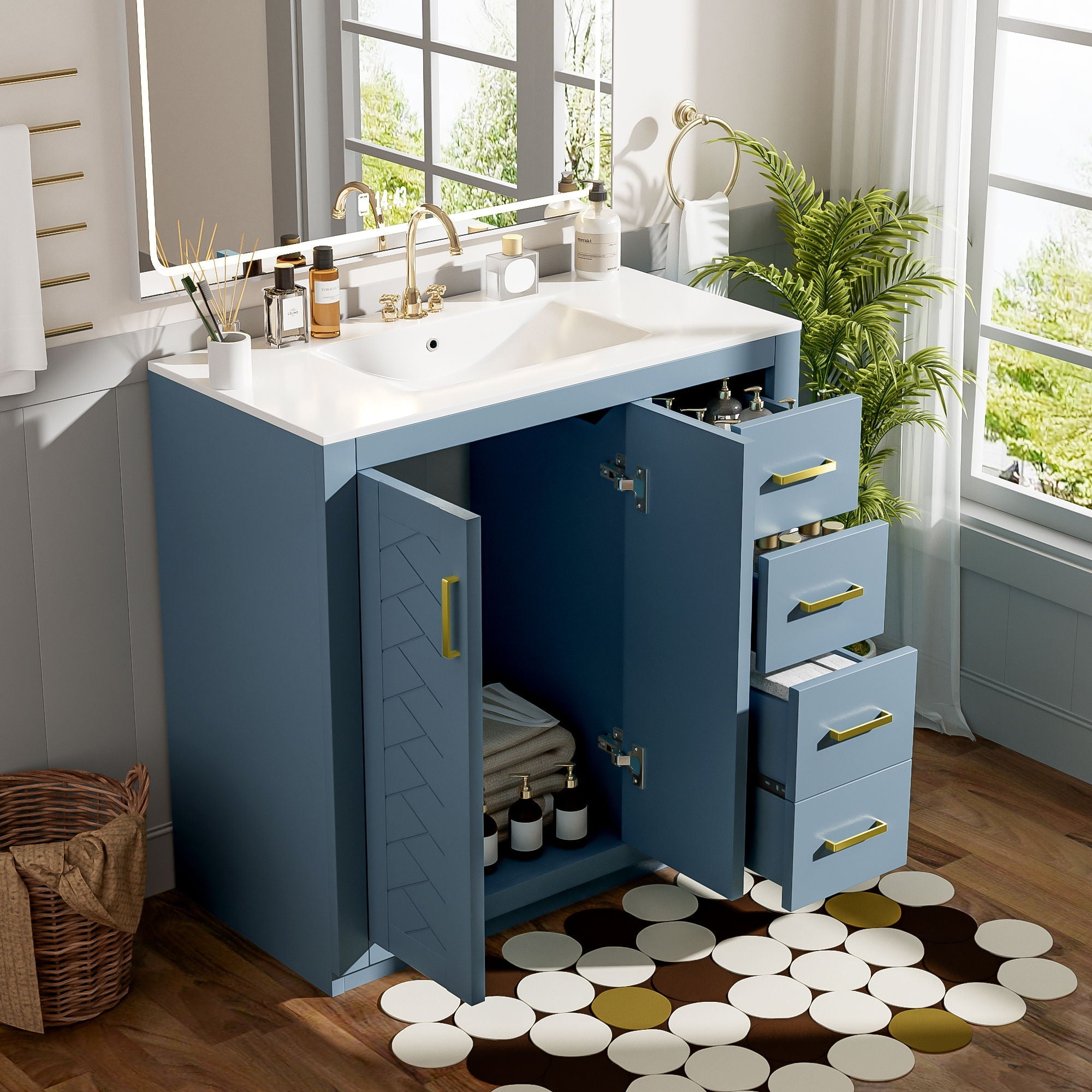Bathroom Vanity With Sink, Storage Cabinet, Freestanding Set With 3 Drawers & Soft Closing Doors - Indigo