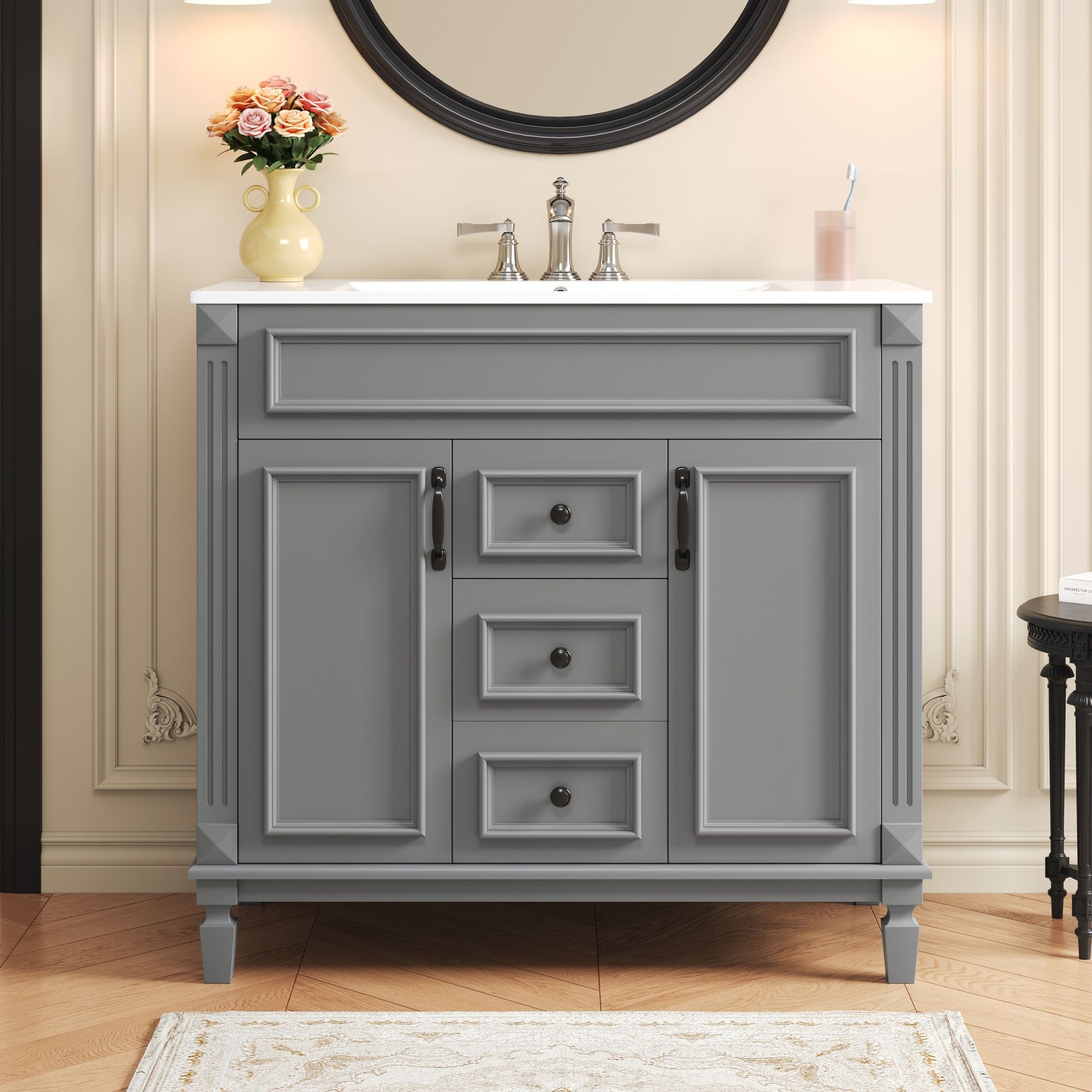 Bathroom Vanity With Top Sink, Basin On Cabinet With 2 Soft Closing Doors And 2 Drawers