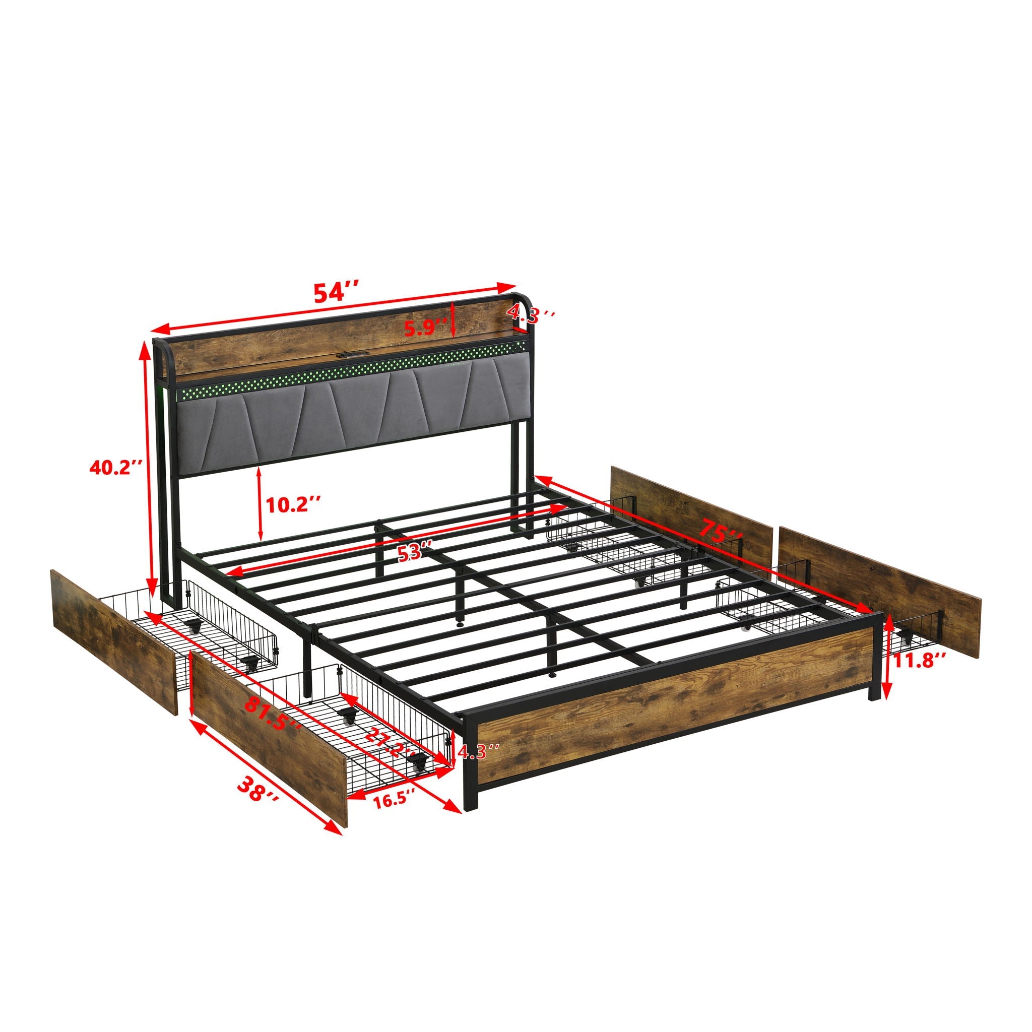 Modern Bed Frame With LED Lights, Upholstered Headboard, USB Charging