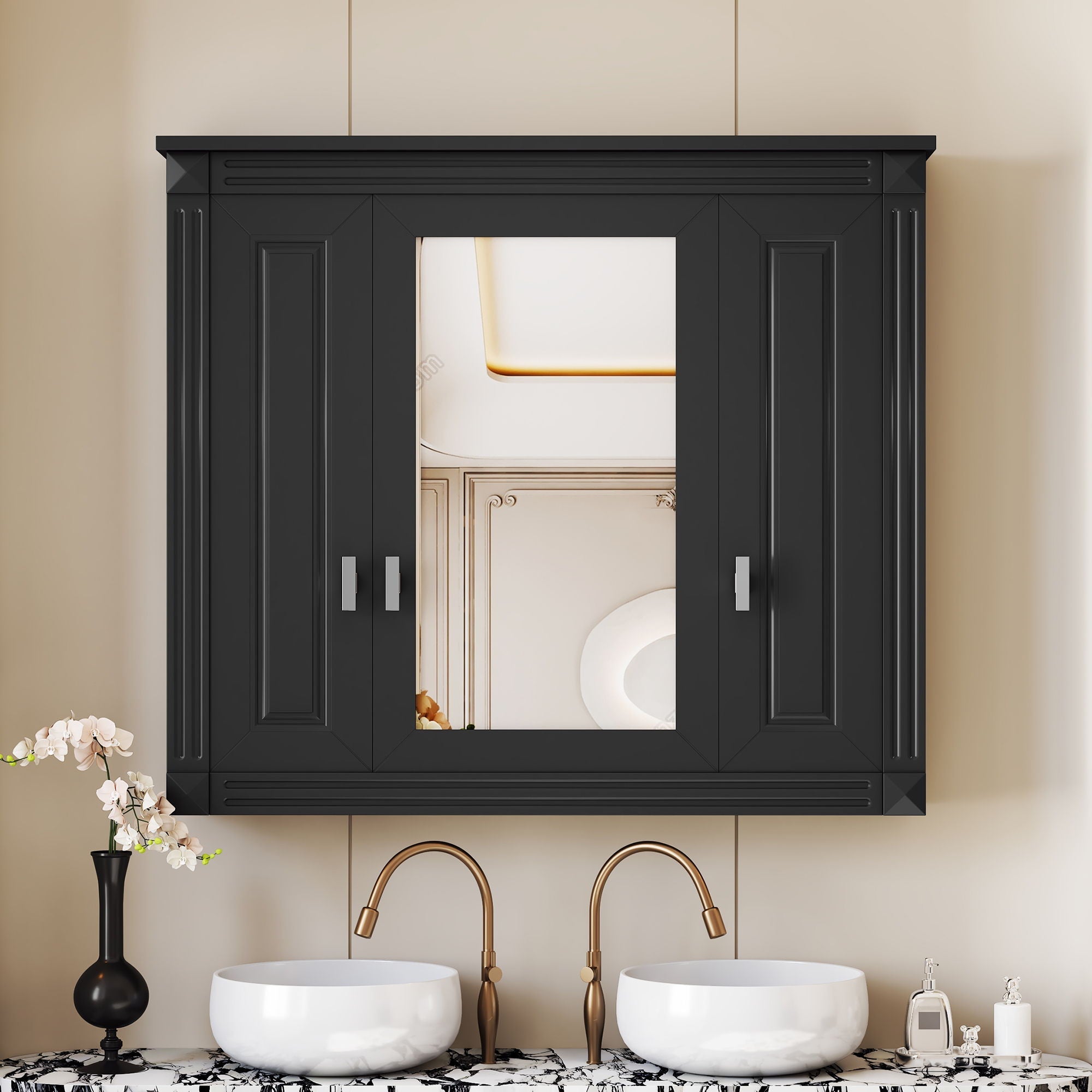 Wall Mounted Bathroom Cabinet With Mirror And 5 Shelves, Rectangular Design