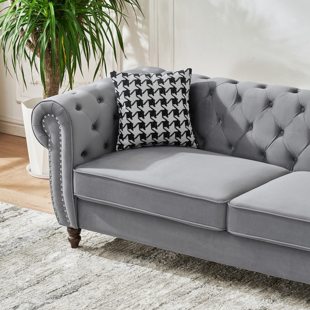 Chesterfield Upholstery Fabric Sofa With Roll Armrest & Nailhead