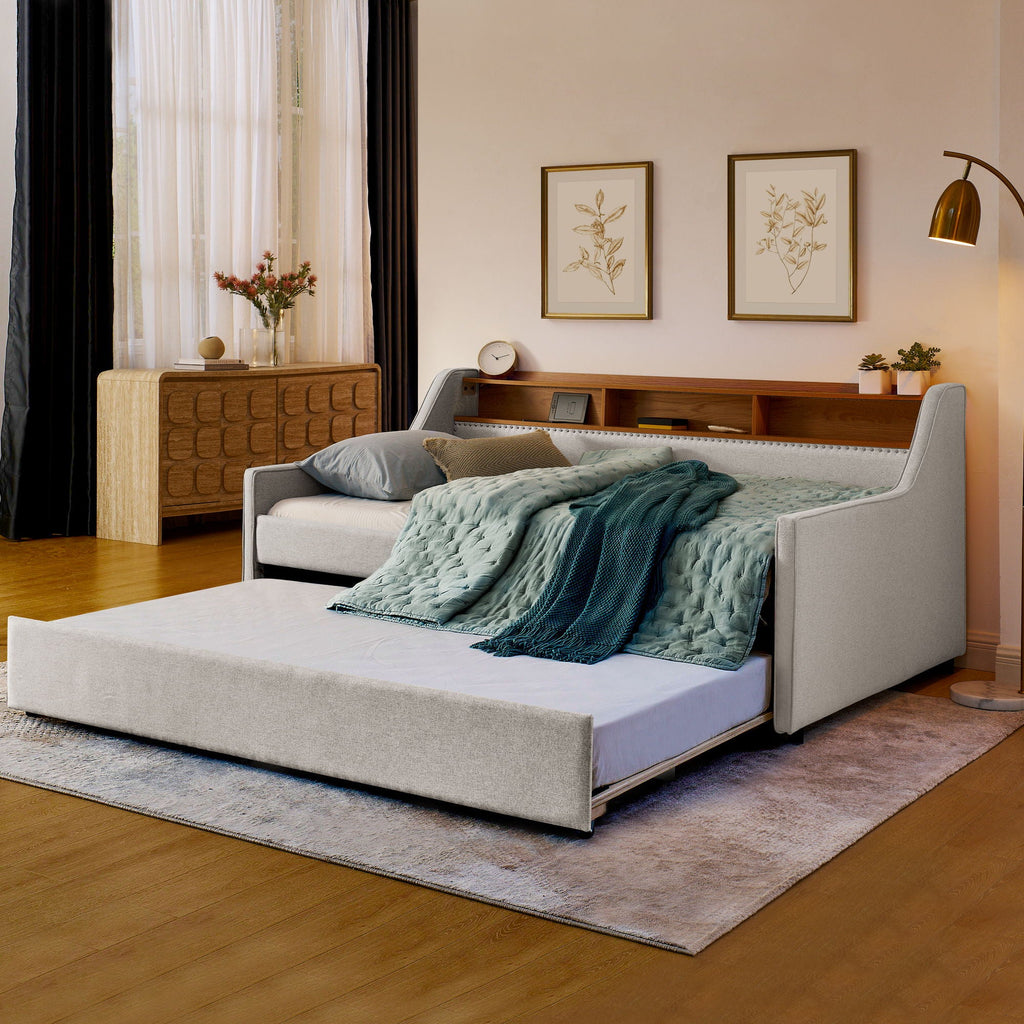 Upholstered Sofa Bed With LED Lights, Storage Headboard, Foldable Trundle & Wireless Charging