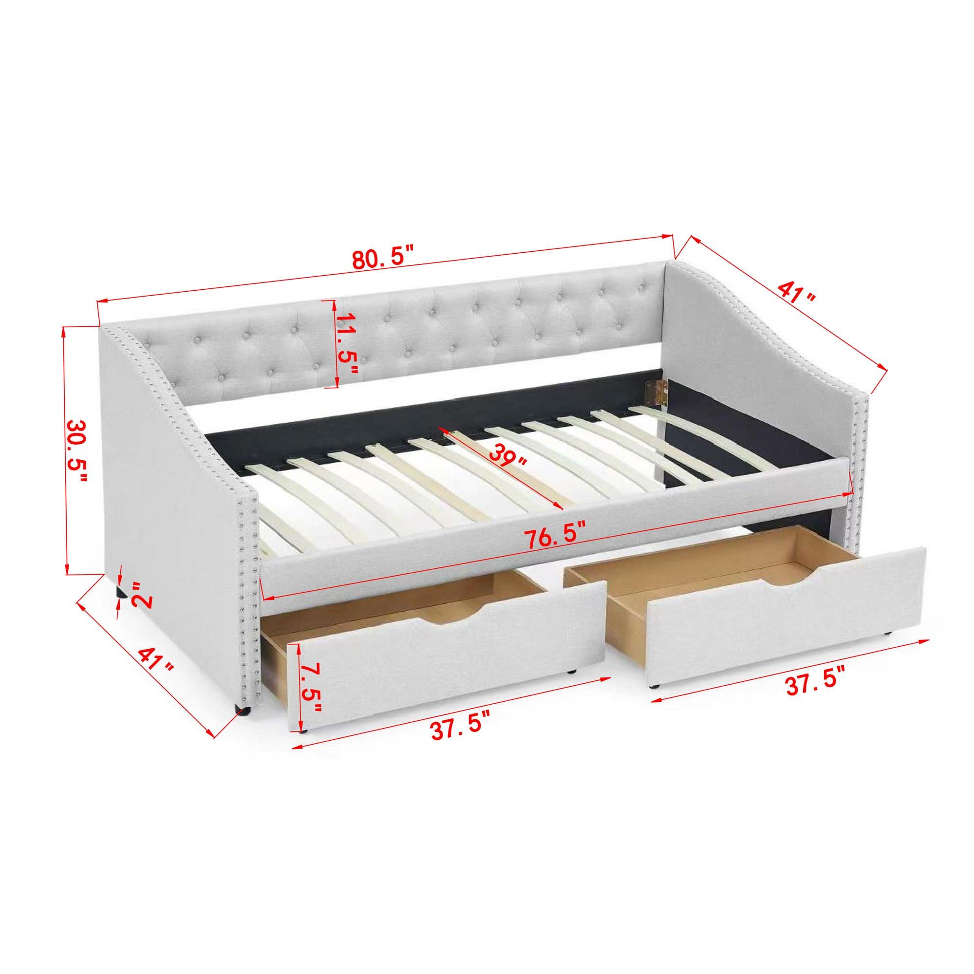 Upholstered Tufted Daybed With 2 Drawers, Waved Arms