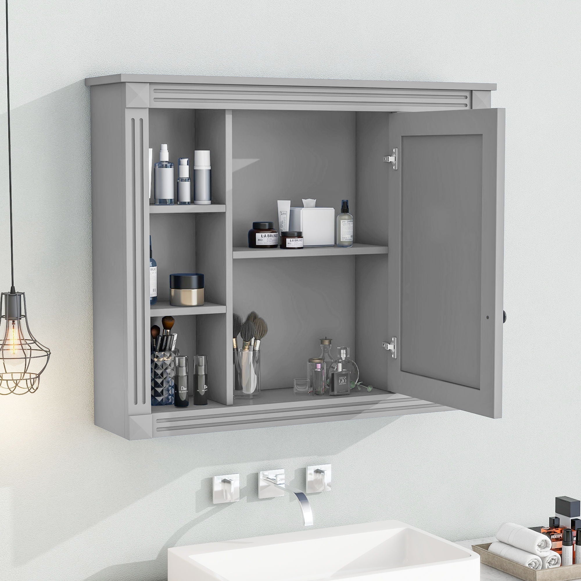 Wall Mounted Bathroom Storage Cabinet With Mirror, Cabinet With 6 Open Shelves And Adjustable Interior