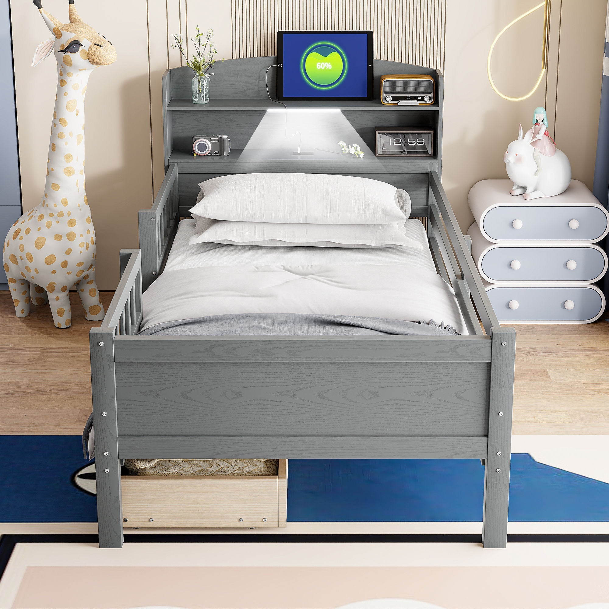 Platform Bed With LED Light, Multi Functional Headboard, Guardrail And 2 Drawers