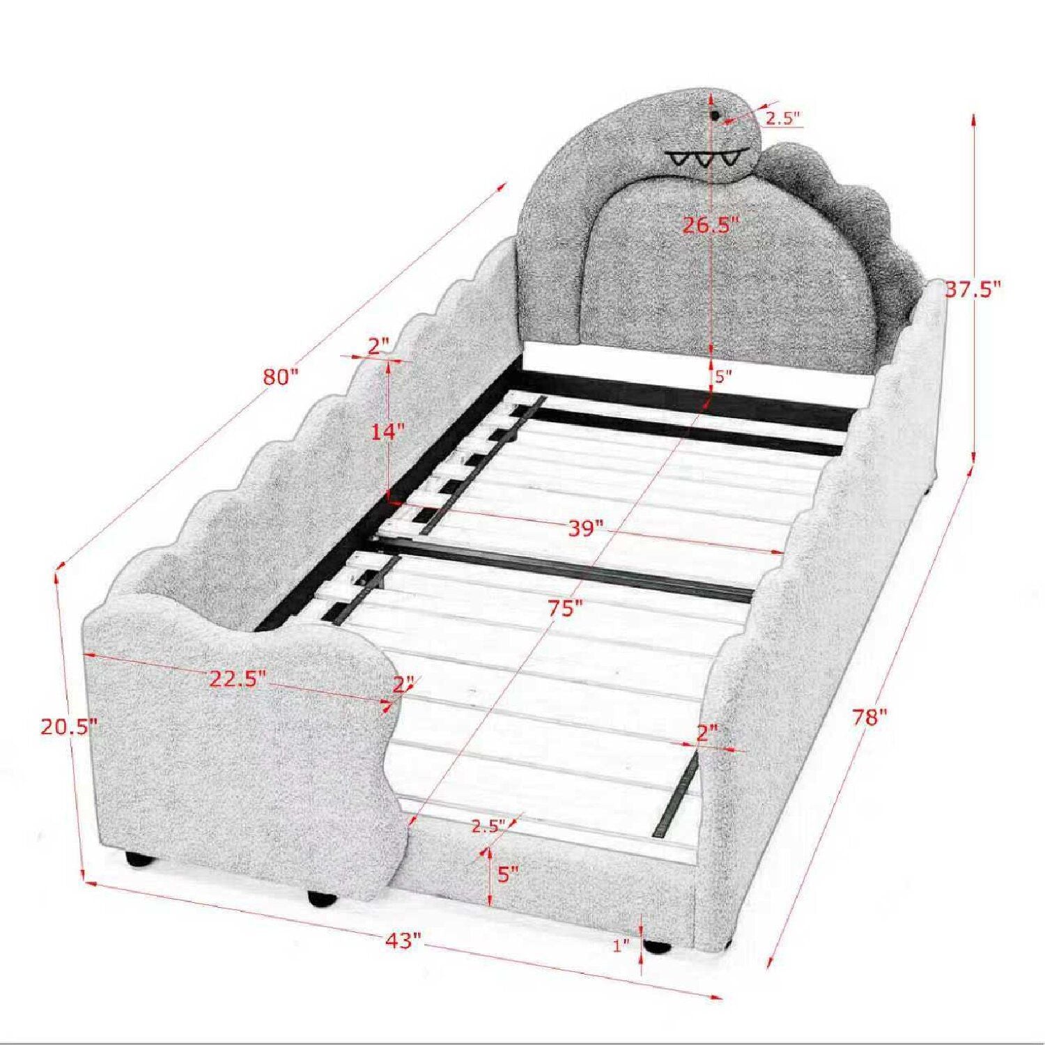 Cute Dinosaur Shaped Bed With Safety Guardrail, Toddler Frame