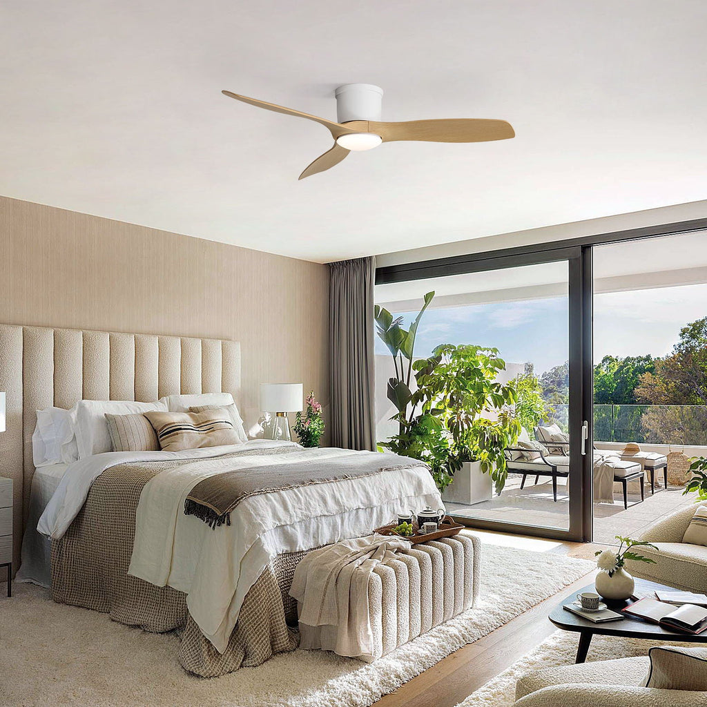 Flush Mount Ceiling Fan With Dimmable LED Light, 3 Blades, Reversible DC Motor Blades For Living Room