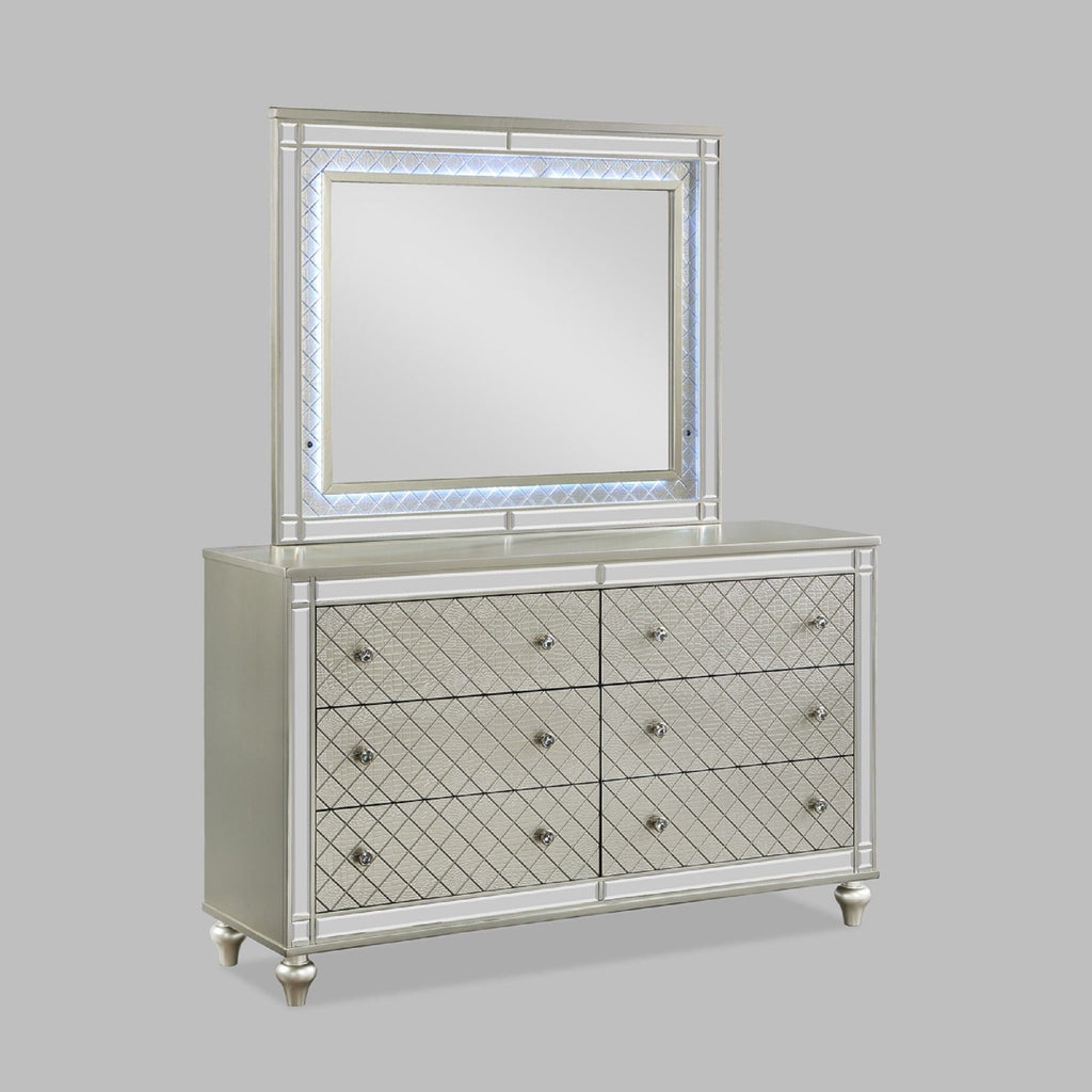 6 Drawer Bedroom Dresser With Diamond Patterned Drawer Fronts - Silver