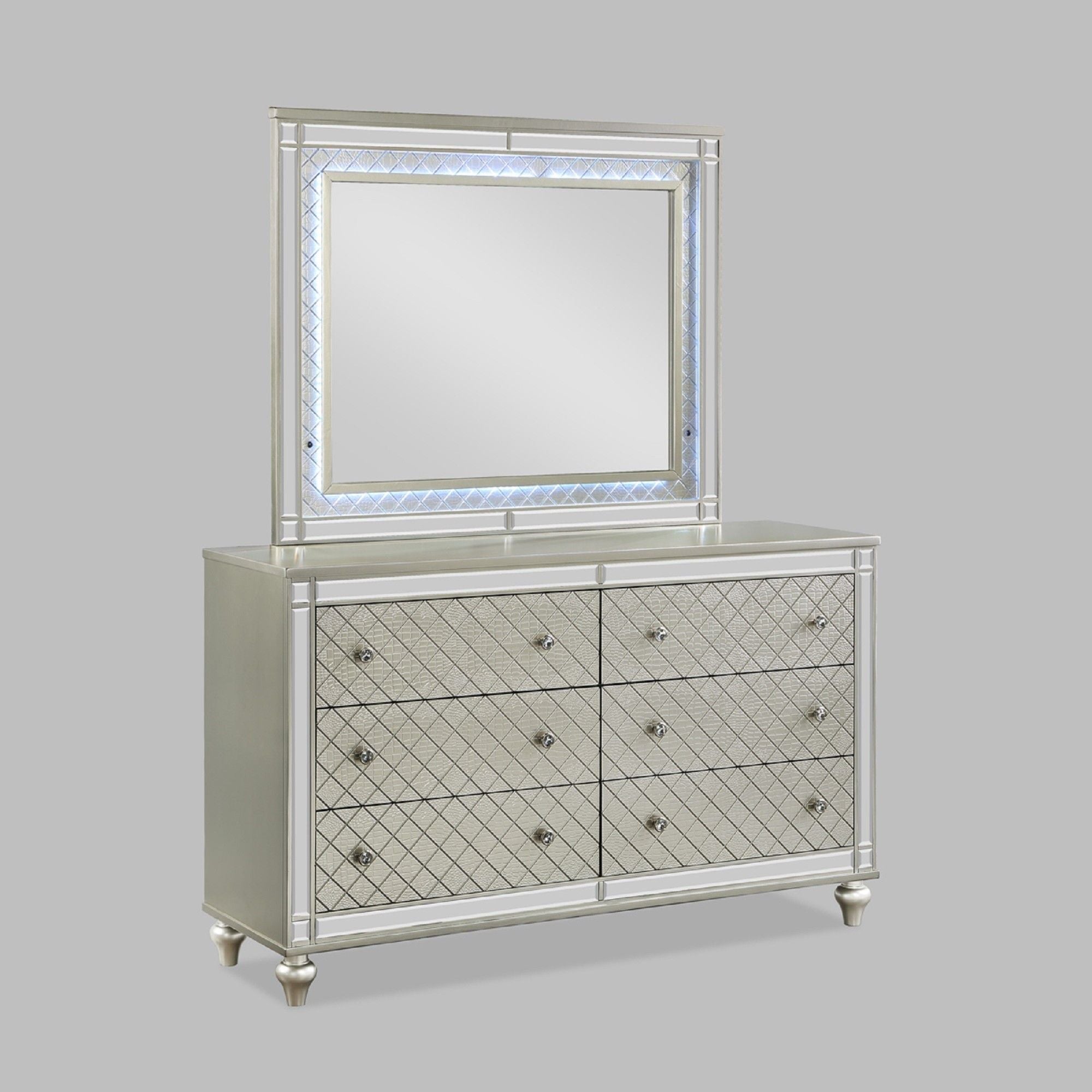 6 Drawer Bedroom Dresser With Diamond Patterned Drawer Fronts - Silver