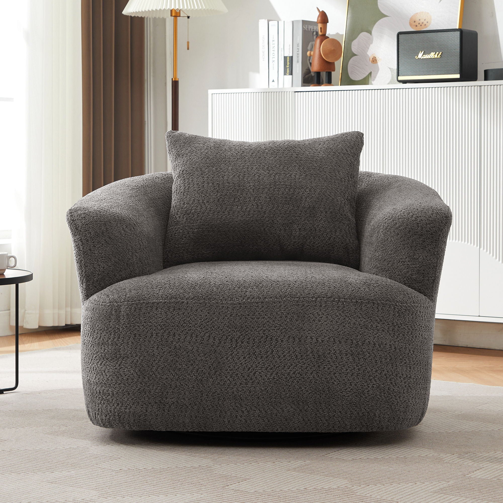 360° Swivel Barrel Sofa Chair With Throw Pillow, Upholstered Accent Chair