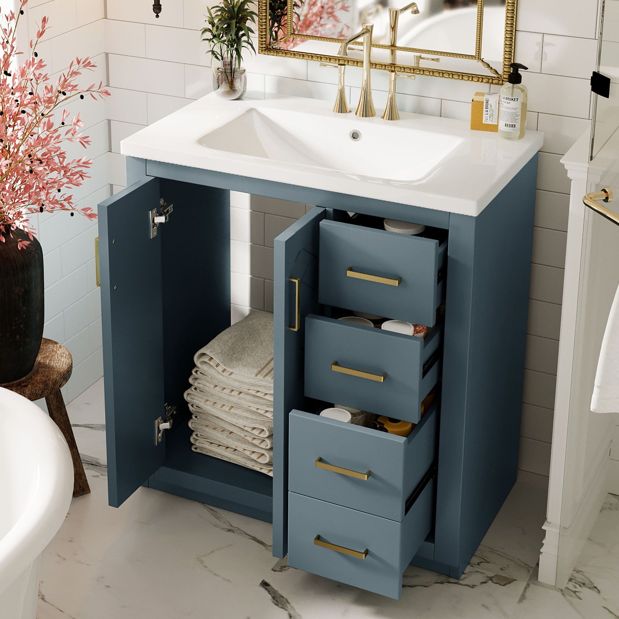 Bathroom Vanity With Sink, Storage Cabinet, Freestanding Set With 3 Drawers & Soft Closing Doors