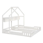 Twin Size Platform Bed With Shared Design, Guardrails, And Built In Shelves - Creamy White