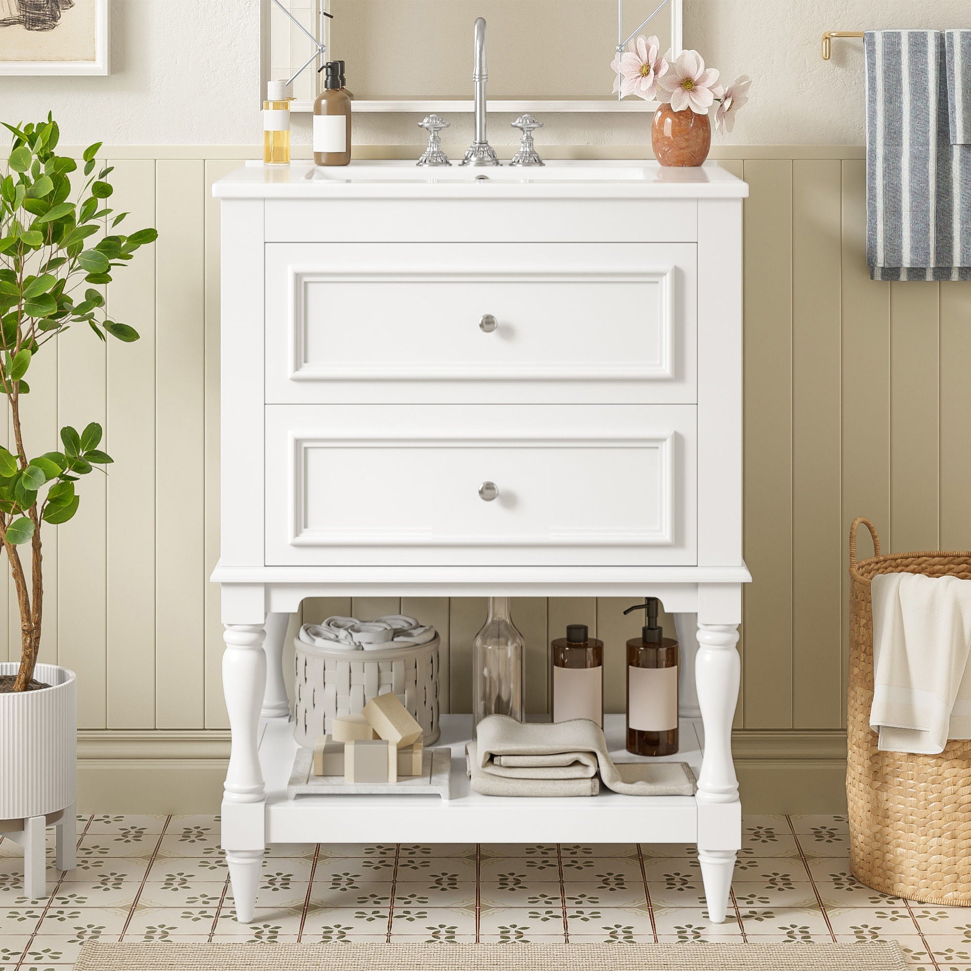 Bathroom Vanity With Sink, 2 Drawers Storage Cabinet, Open Shelf