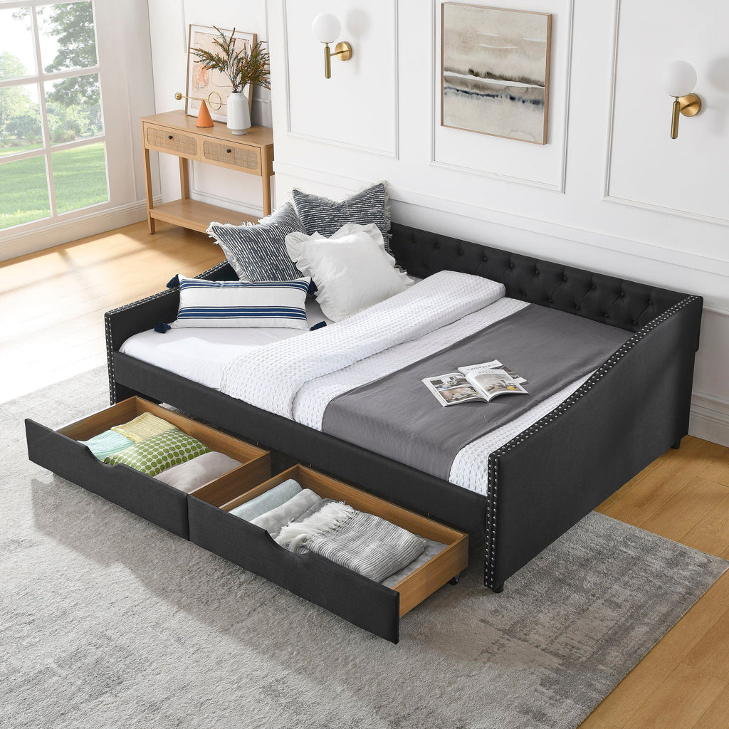 Upholstered Tufted Daybed With 2 Drawers, Waved Arms