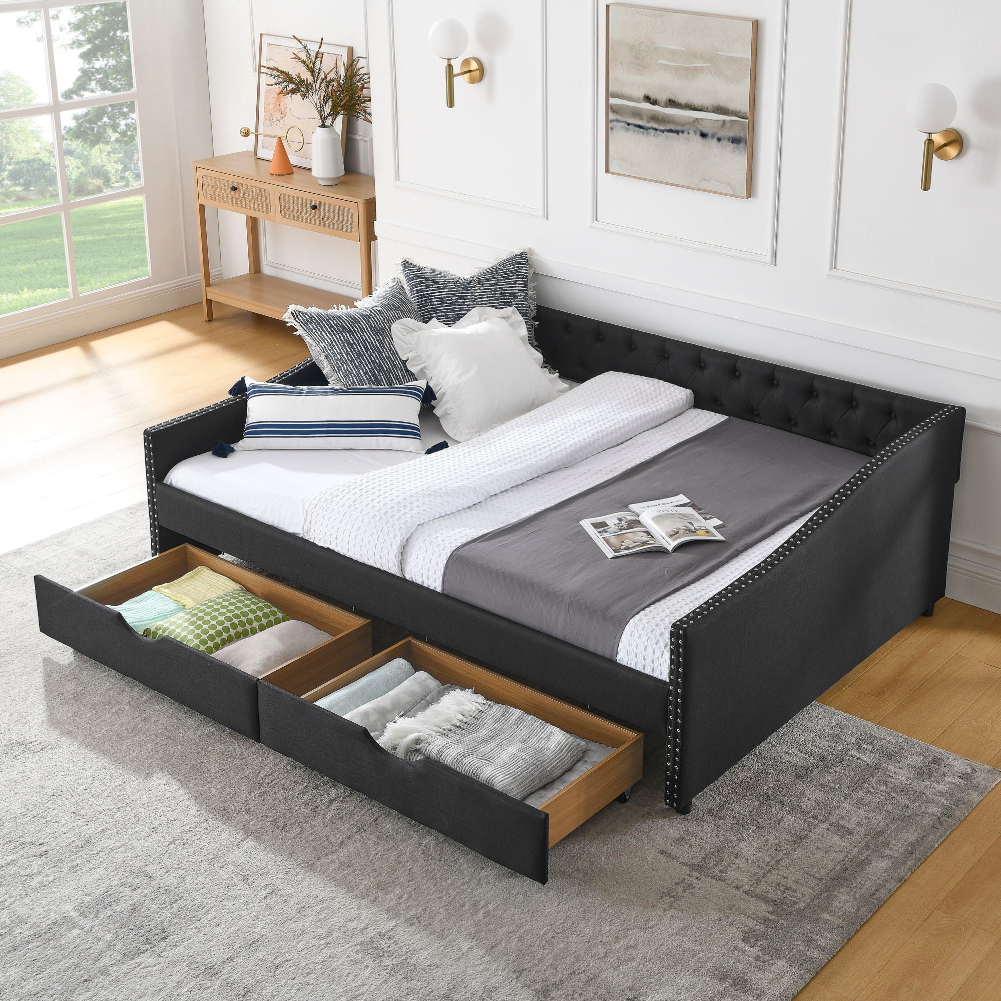 Upholstered Tufted Daybed With 2 Drawers, Waved Arms