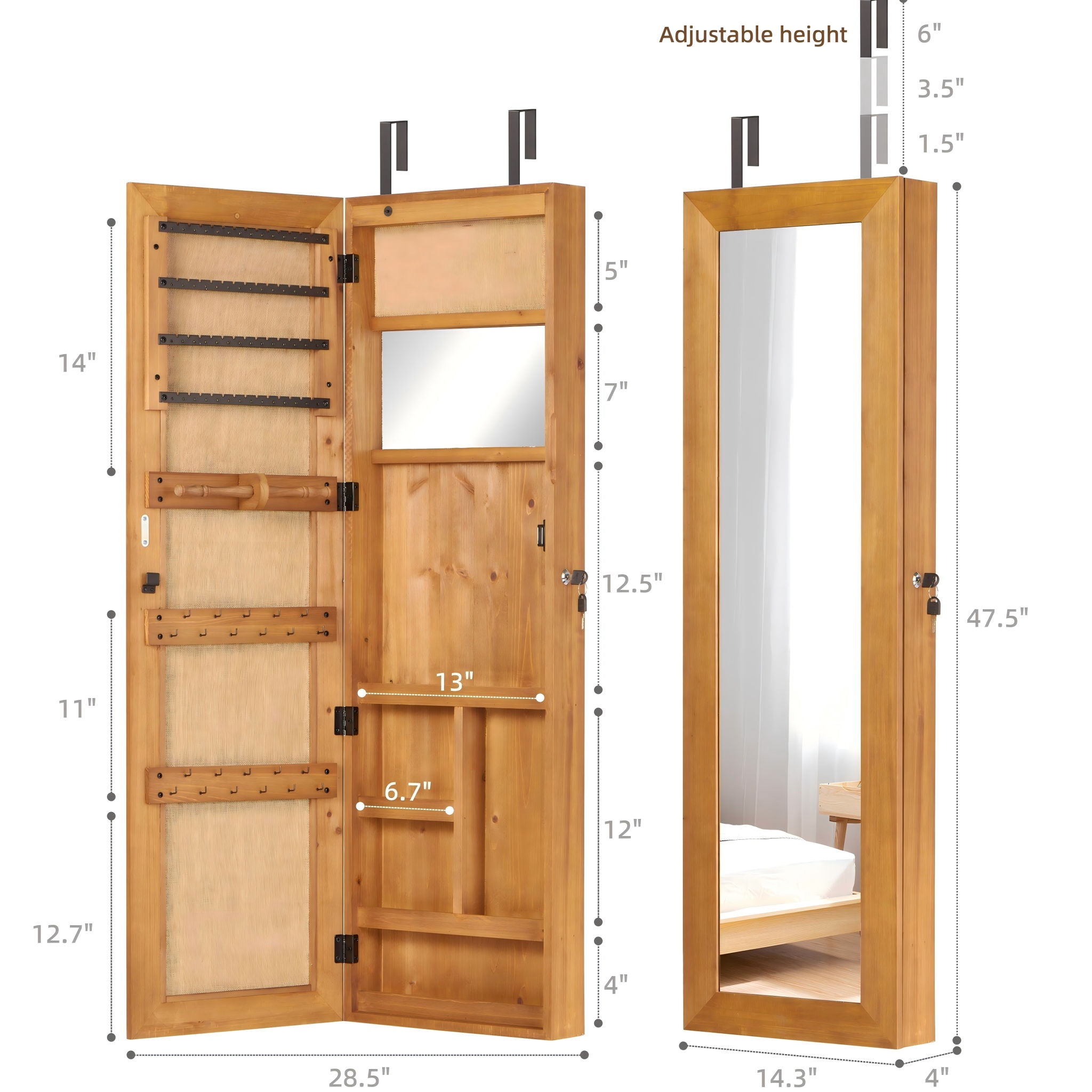 Jewelry Armoire Organizer With Full Length Mirror, Wall Mounted Lockable Cabinet With LED Light