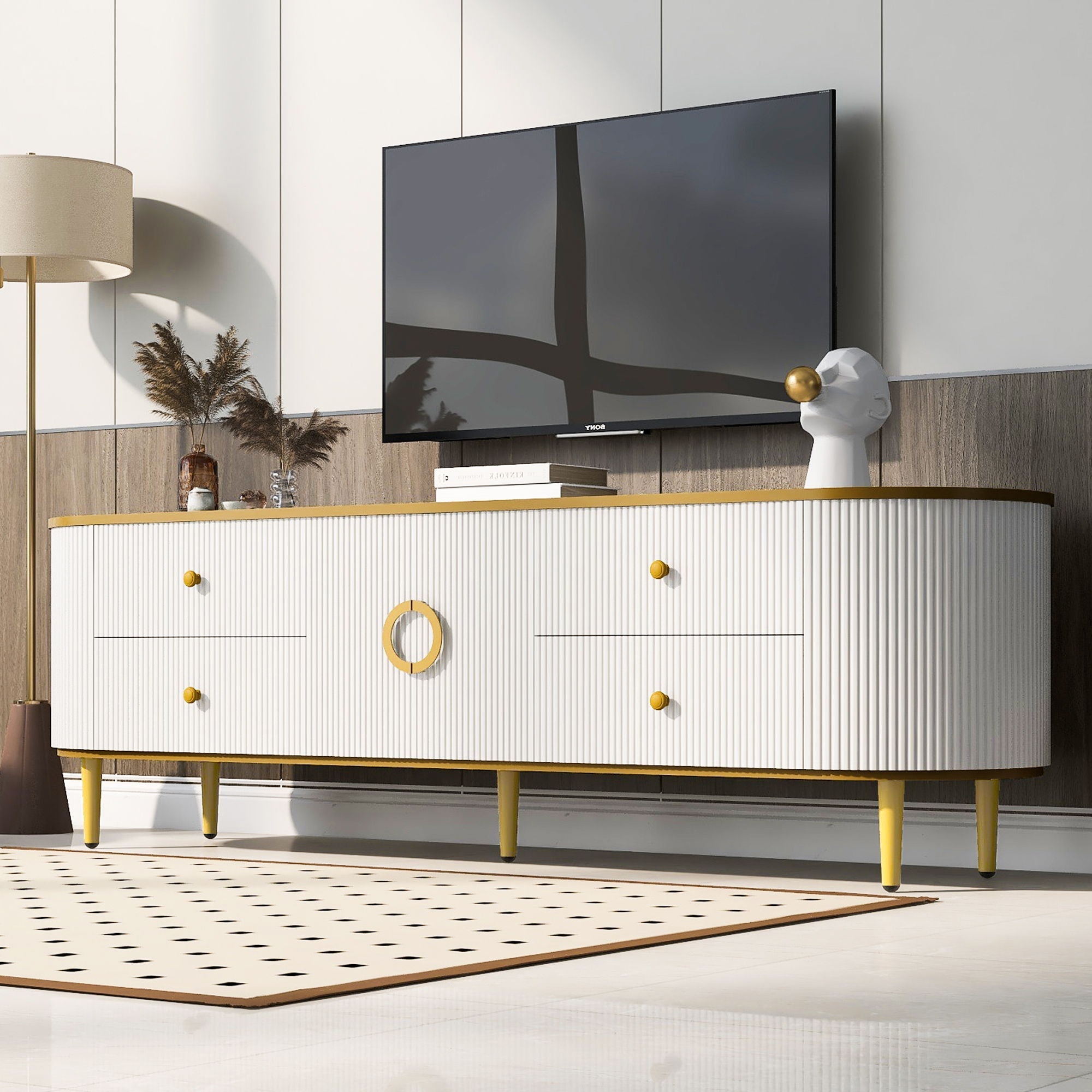 Modern TV Stand For TVs Up To 80", Entertainment Center With 4 Drawers And 1 Cabinet, Wood TV Console Table With And Handles For Living Room - White