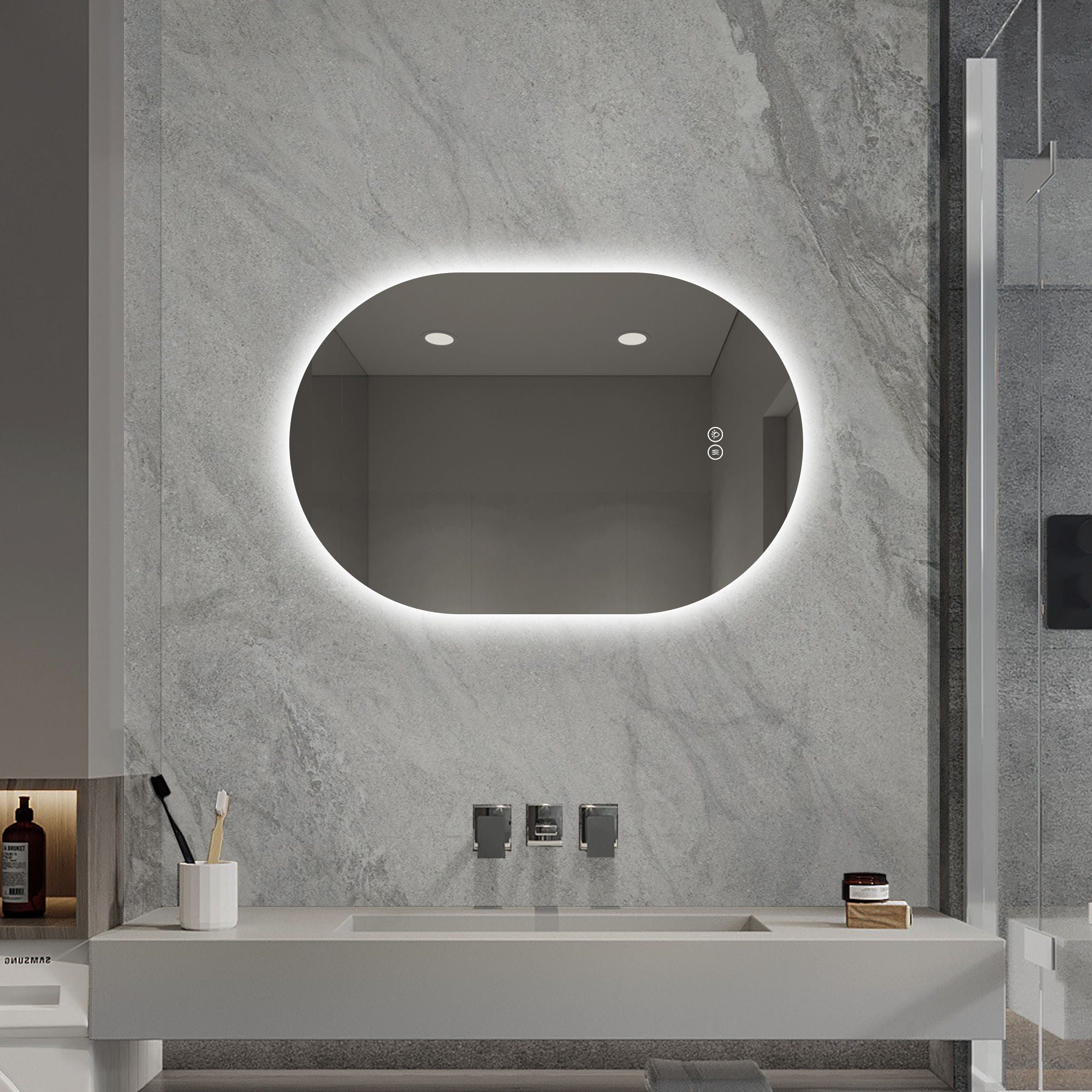 Smart Wall Mounted LED Touch Screen Mirror With Anti-Fog Function And Adjustable Lighting
