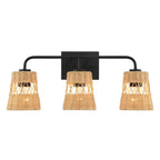 Moonlit - 3 Lights Wall Sconce With Shade, Bathroom Lighting Fixtures Over Mirror - Black / Rattan