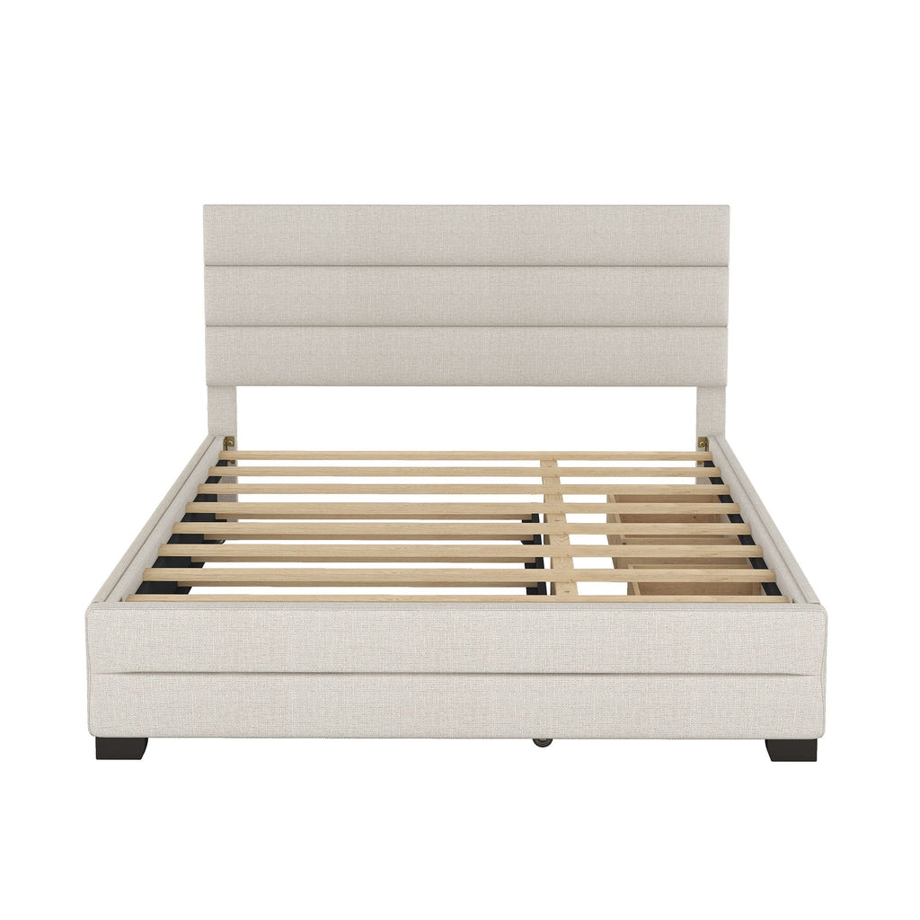 Queen Platform Bed With Twin Trundle And 2 Storage Drawers - Beige