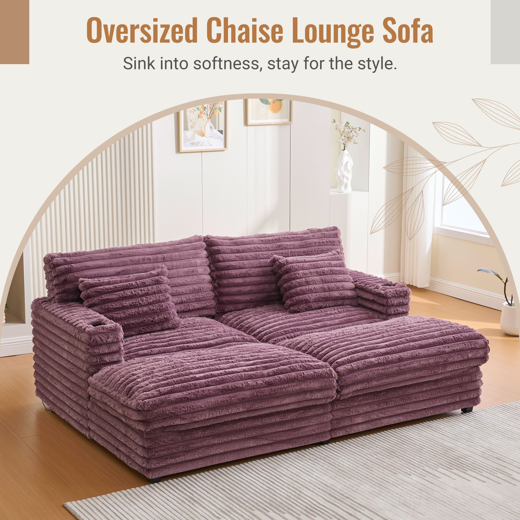 Oversized Double Chaise Lounge Sofa Bed With USB Ports And Cup Holders