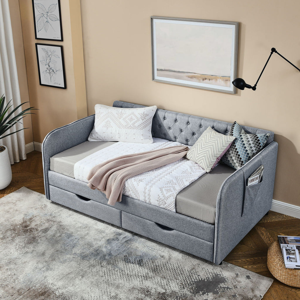 Daybed With Trundle And Storage Drawers, Flat Arms With Pocket